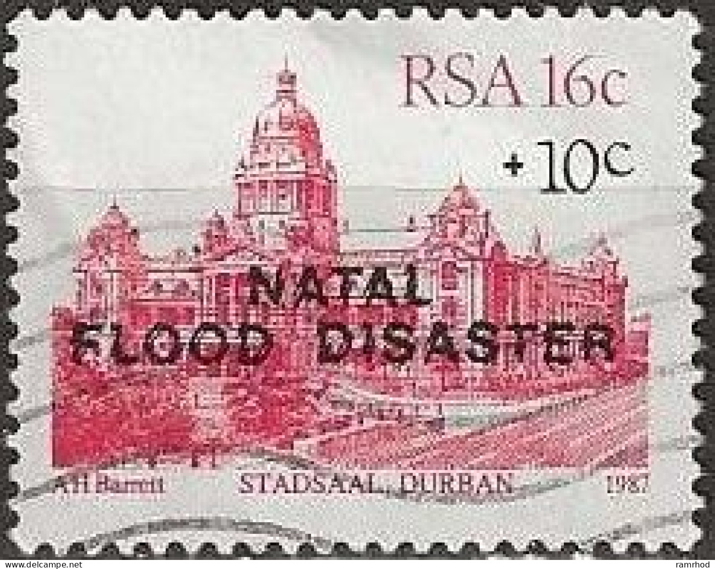 SOUTH AFRICA 1987 Natal Flood Relief Fund - 16c.+10c City Hall, Durban Surcharged FU - Usados