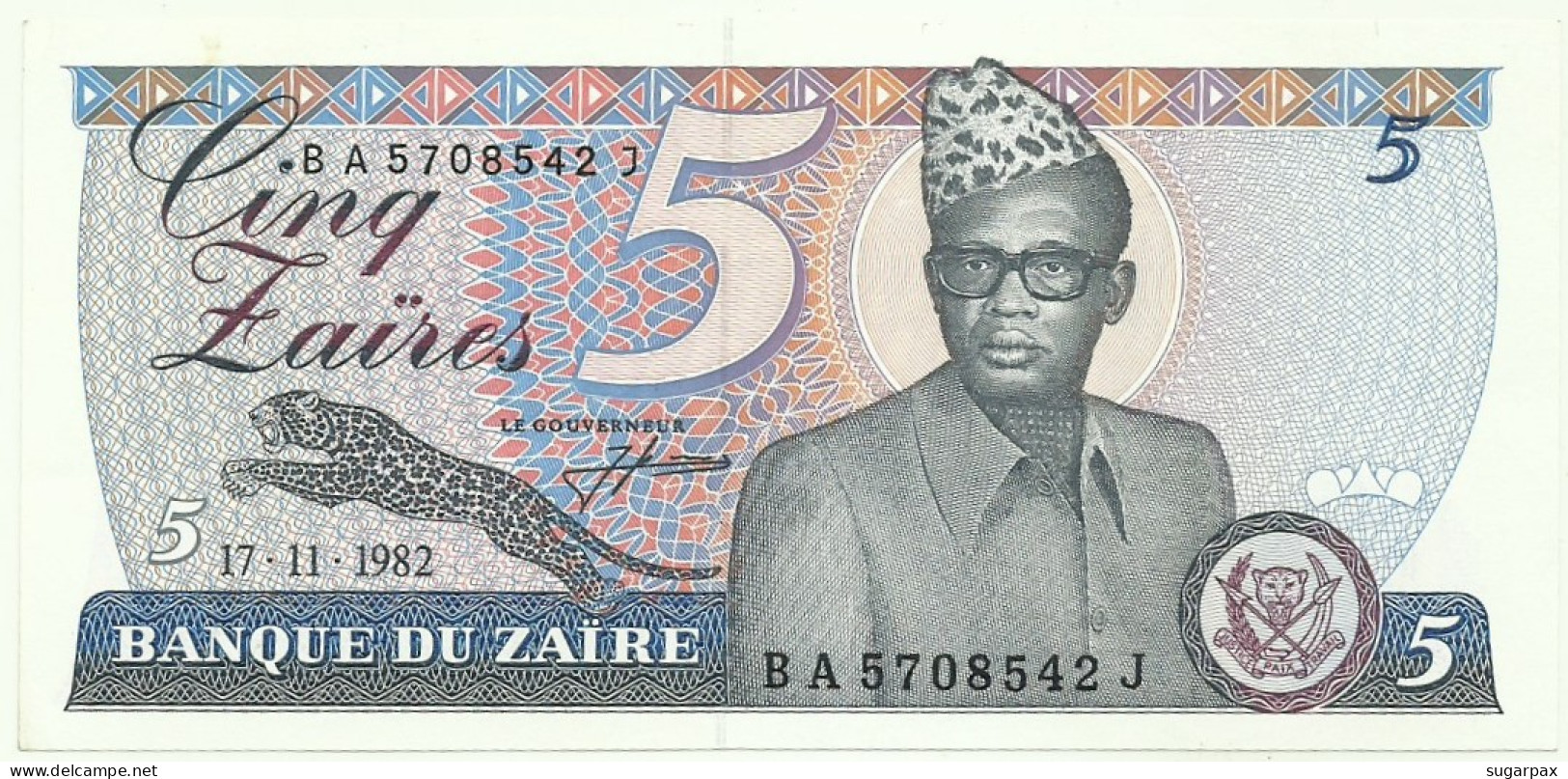 Zaïre - 5 Zaïres - 17.11.1982 - Pick 26 - Unc. - Sign. 6 - Prefix B A , Sufix J - Mobutu - Zaïre