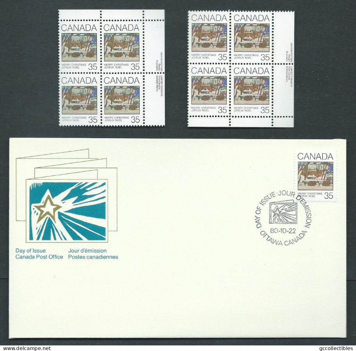 Canada # 871-872 UR. & LR. PB. MNH + FDC's - Christmas 1980 - Greeting Cards - Blocks & Sheetlets