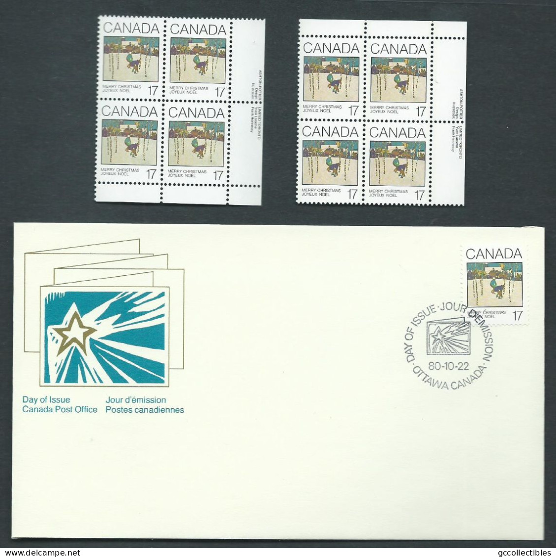 Canada # 871-872 UR. & LR. PB. MNH + FDC's - Christmas 1980 - Greeting Cards - Blocks & Sheetlets