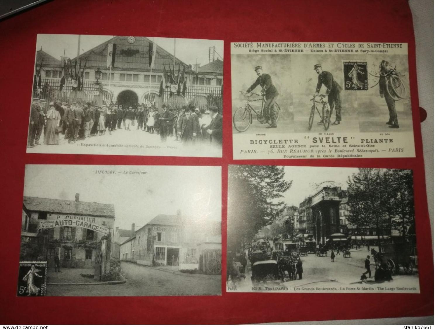 4 Cartes Postales Exposition Automobile Bourges Bicyclette Pliante ST Etienne Aincourt Auto Garage Paris ST Martin - Monumentos