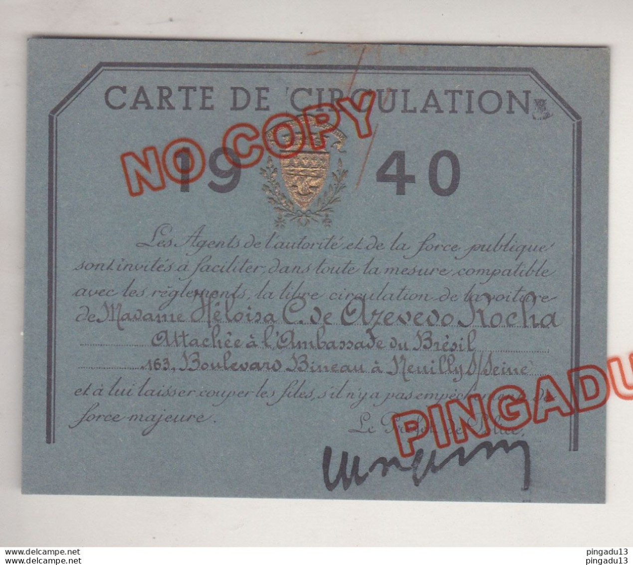 Au Plus Rapide WW2 France Carte De Circulation Année 1940 Pour Paris - 1939-45