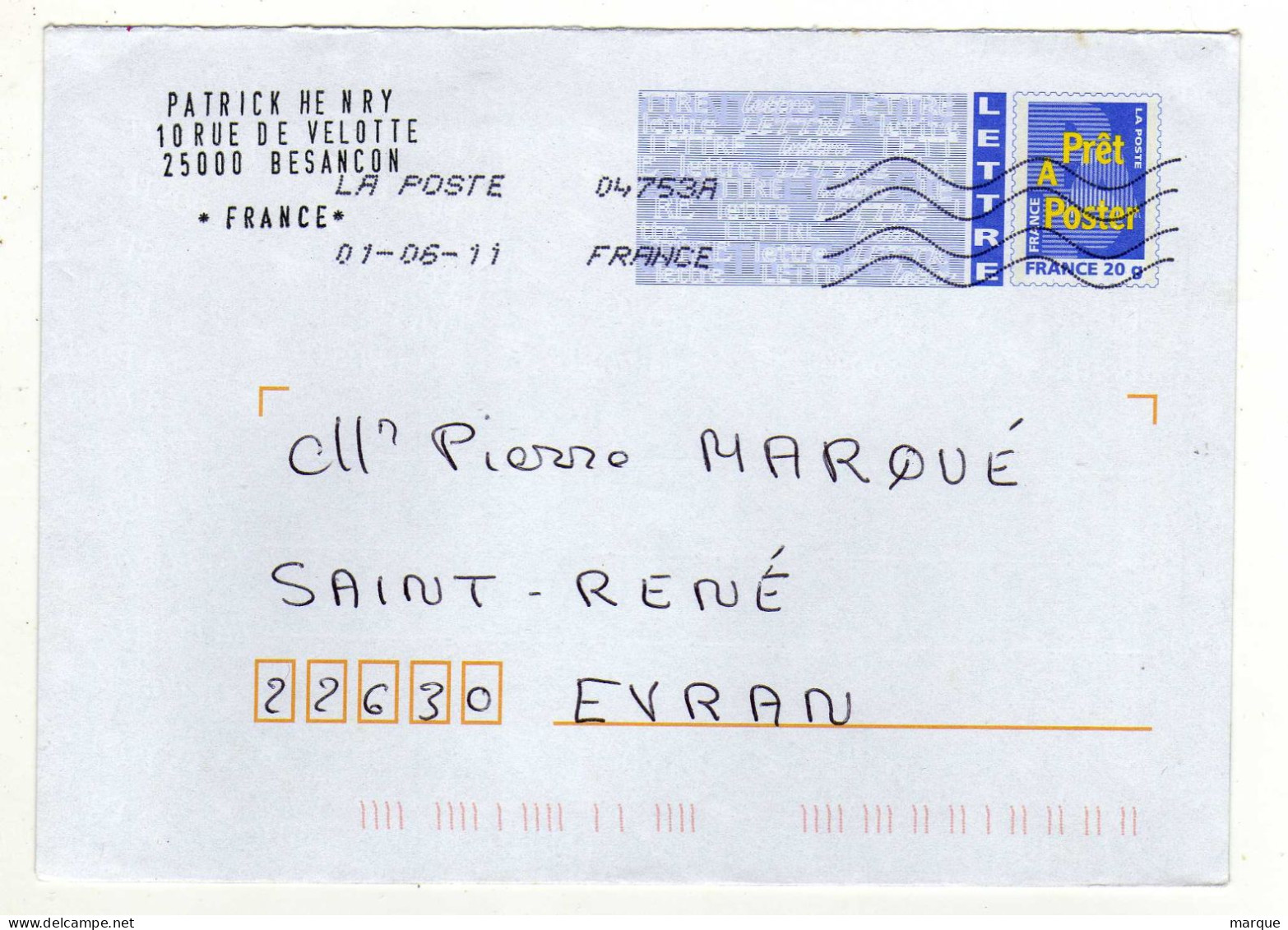 Enveloppe FRANCE Prêt à Poster Oblitération LA POSTE 04753A 01/06/2011 - PAP : Bijwerking /Logo Bleu