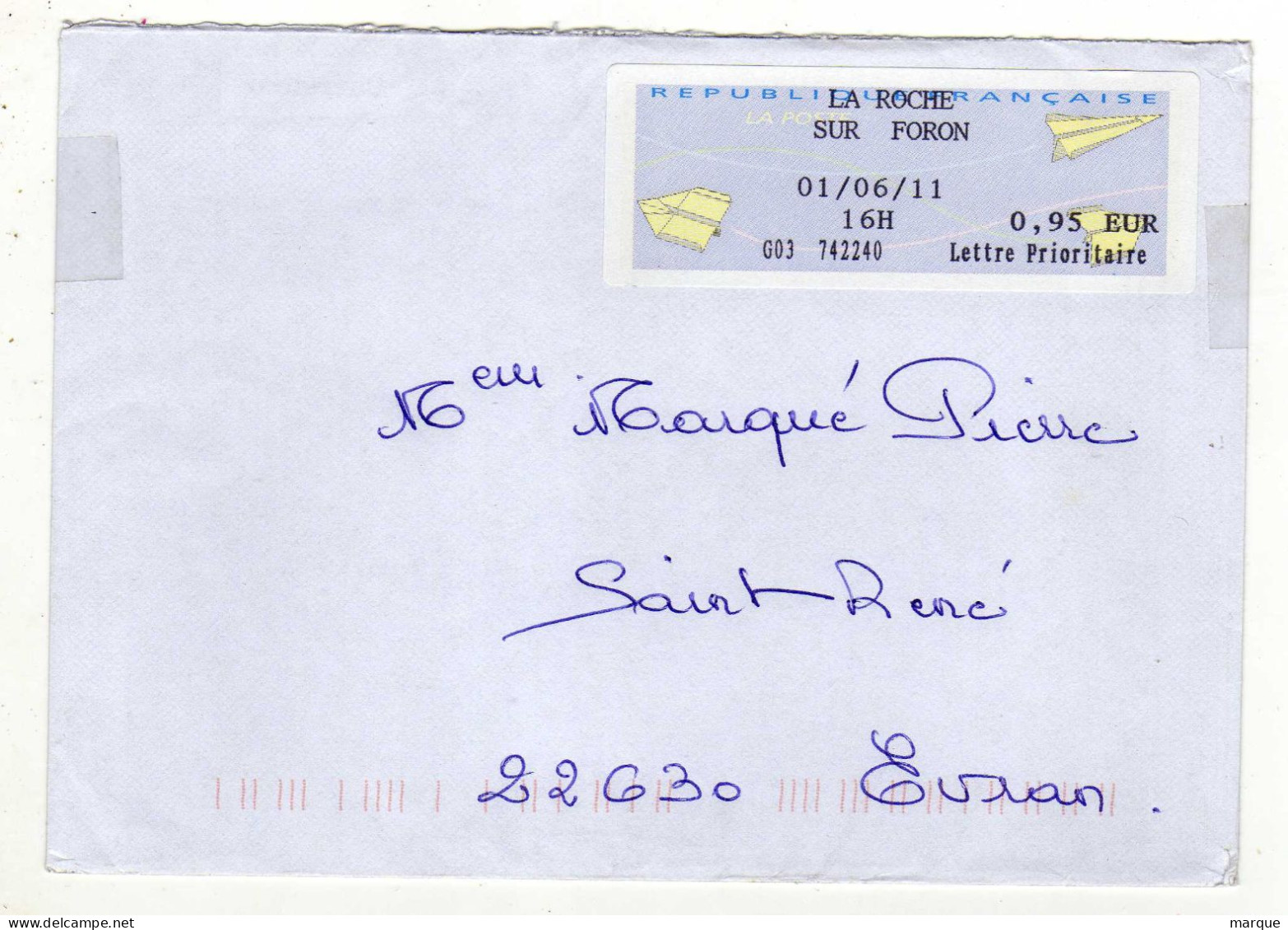 Enveloppe FRANCE Avec Vignette Affranchissement Lettre Prioritaire Oblitération LA ROCHE SUR FORON 01/06/2011 - 2000 Type « Avions En Papier »