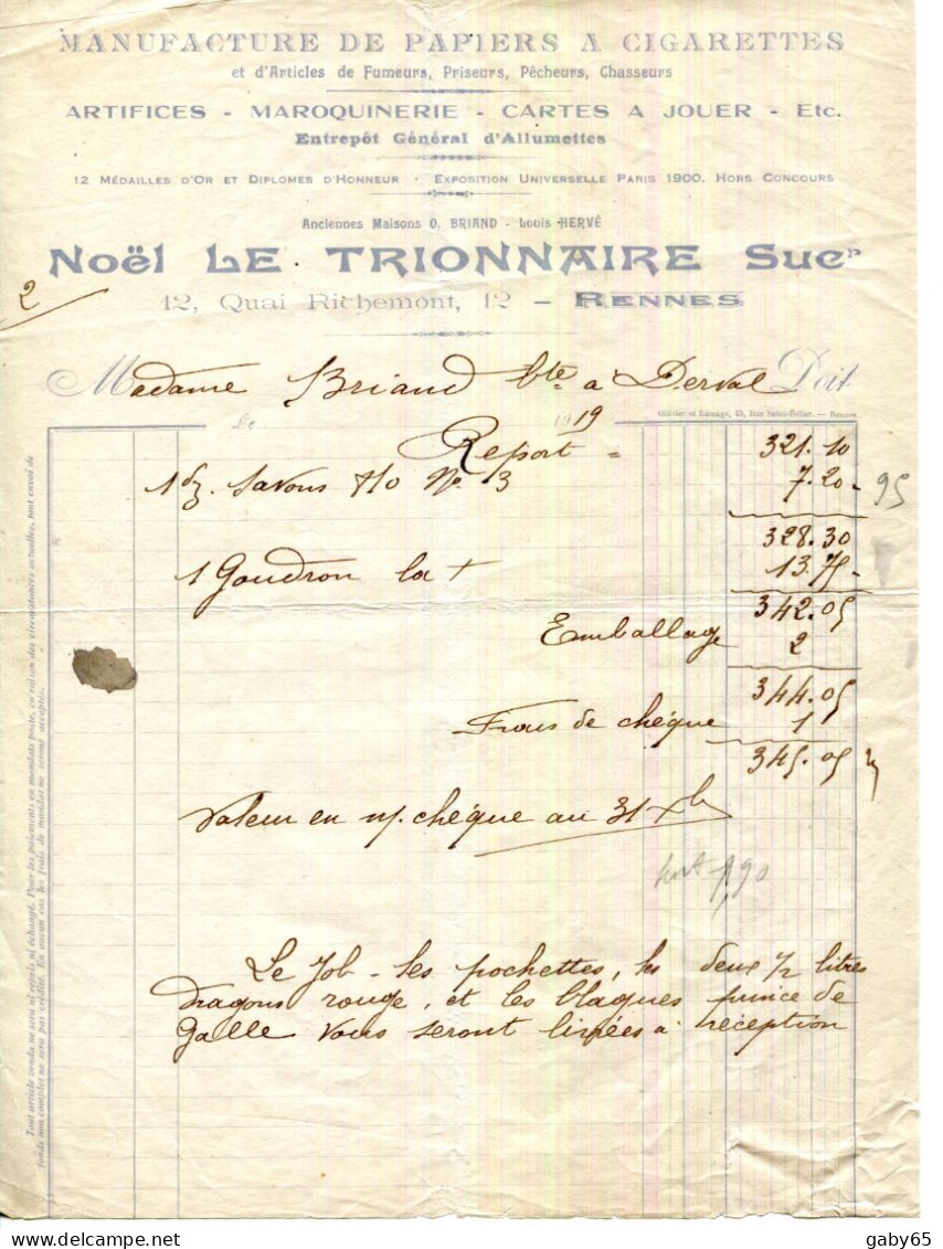 FACTURE.35.RENNES.MANUFACTURE DE PAPIERS A CIGARETTES & D'ARTICLES  FUMEURS & PRISEURS.N.LE TRIONNAIRE 63 QUAI RICHEMONT - Imprenta & Papelería