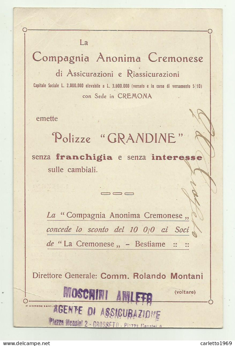 COMPAGNIA ANONIMA CREMONESE DI ASSICURAZIONI EMETTE POLIZZE GRANDINE 1922 FG - Cremona