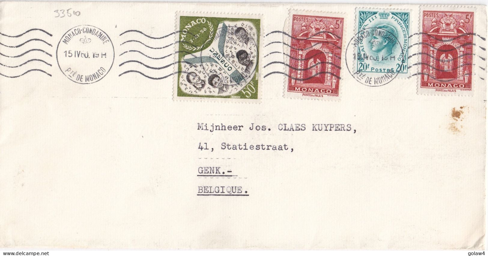 33510# LETTRE Obl MONACO CONDAMINE PRINCIPAUTE DE MONACO 1960 Pour GENK GAND BELGIQUE - Lettres & Documents