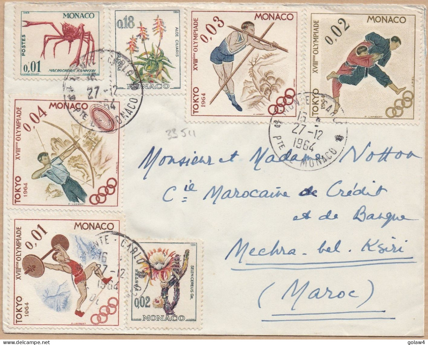 33511# BEL AFFRANCHISSEMENT LETTRE Obl MONTE CARLO PRINCIPAUTE DE MONACO 1964 Pour MECHRA BEL KSIRI MAROC - Storia Postale