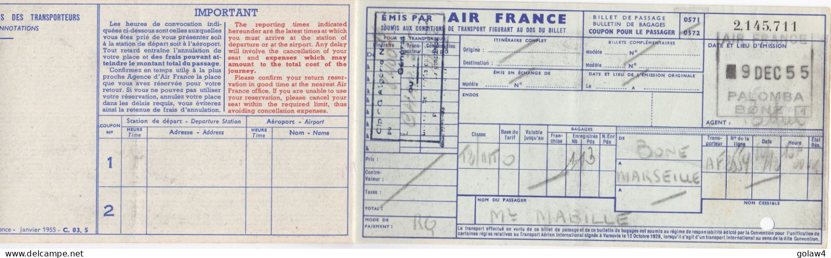 33519# AIR FRANCE  BILLET DE PASSAGE BULLETIN DE BAGAGES 1955 BONE PALOMBA MARSEILLE ALGERIE - Europa