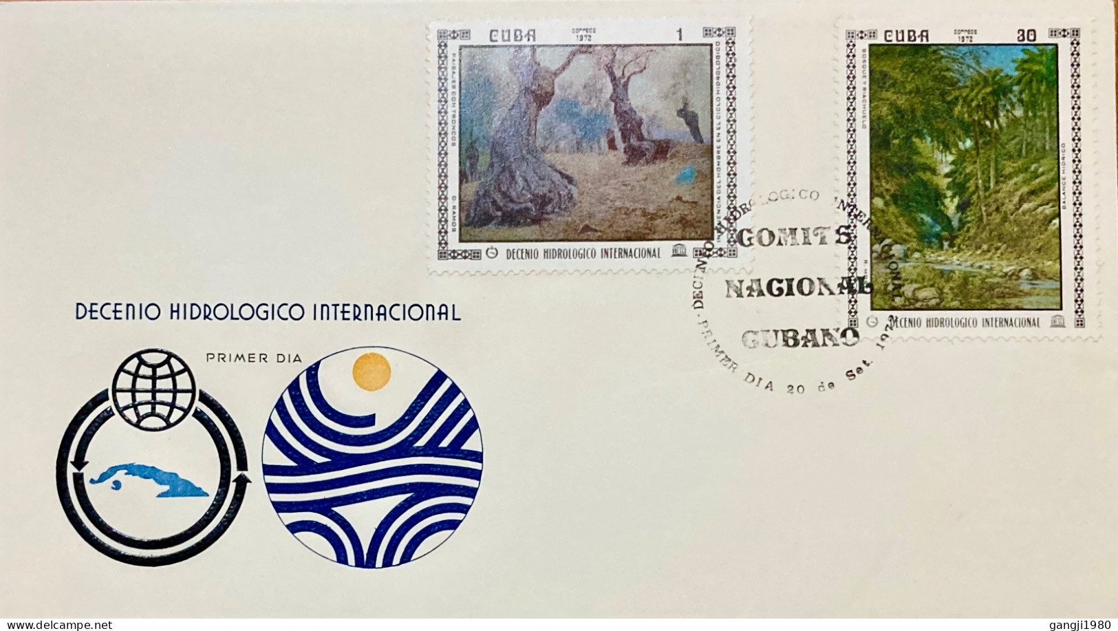 CUBA 1972, FDC COVER, HYDROLOGICAL INT. 2 DIFF. STAMP,  LANDSCAPE, TREE, FOREST & STREAM,  PAINTING - Cartas & Documentos