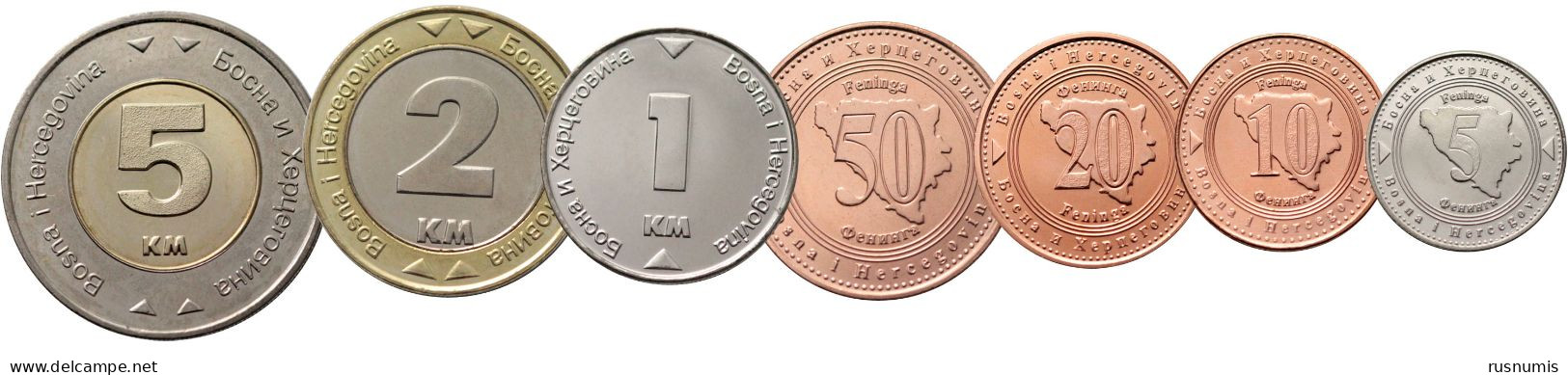 BOSNIA AND HERZEGOVINA 7 COINS SET 5 10 20 50 FENINGA 1 2 5 KM MARAKA BIMETAL 2009 2021 UNC - Bosnia Y Herzegovina