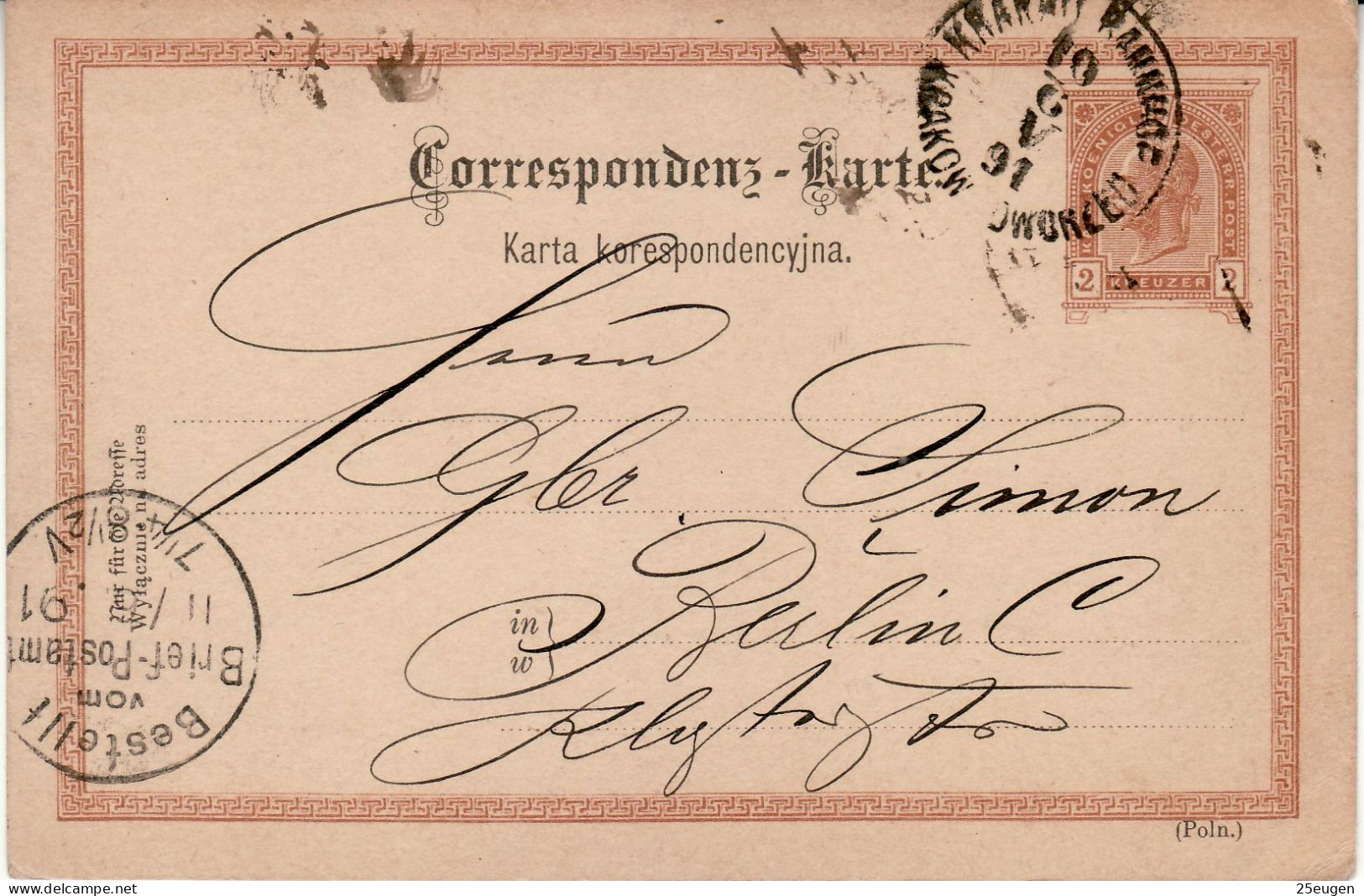 POLAND / AUSTRIAN ANNEXATION 1891 POSTCARD  SENT FROM  KRAKÓW - Covers & Documents