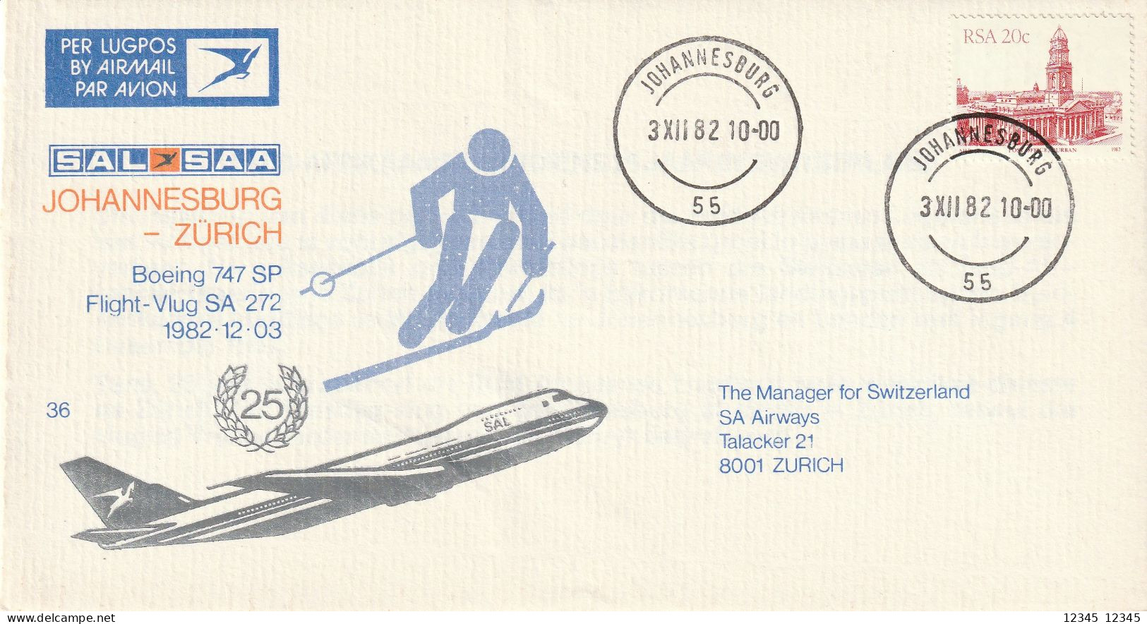 Letter From Johannesburg To Zurich, Switserland 1982, Flight Letter - Aéreo