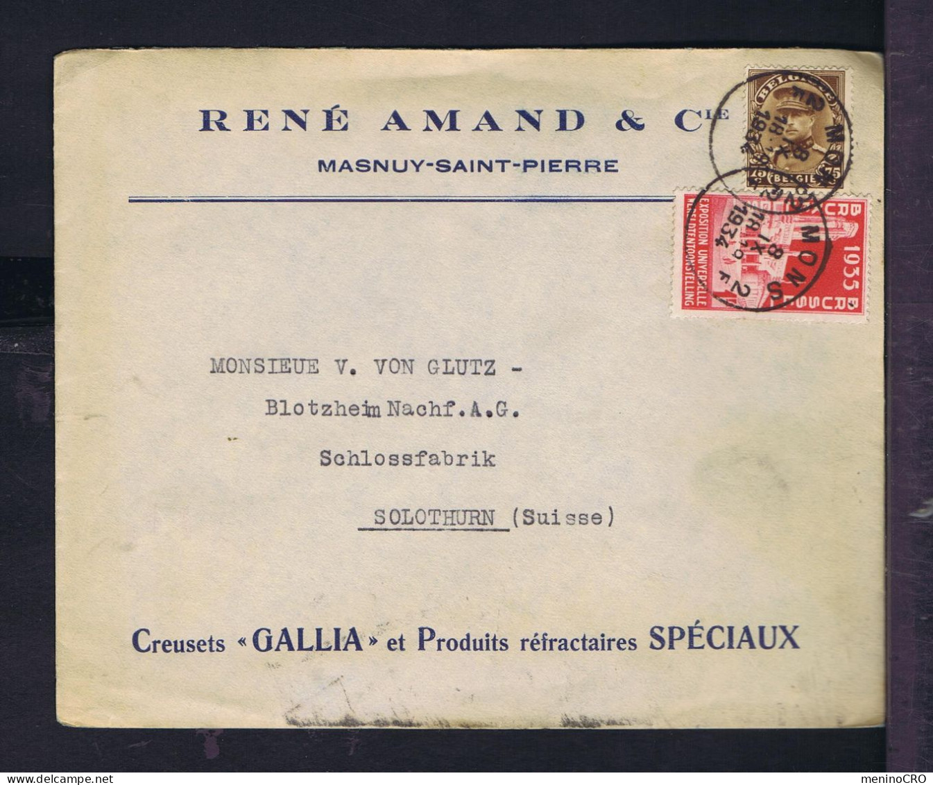 Gc7832 BELGIQUE "Universal Exhibition Bruxelles 1935" Mailed Mons To Solothurn - 1935 – Bruselas (Bélgica)