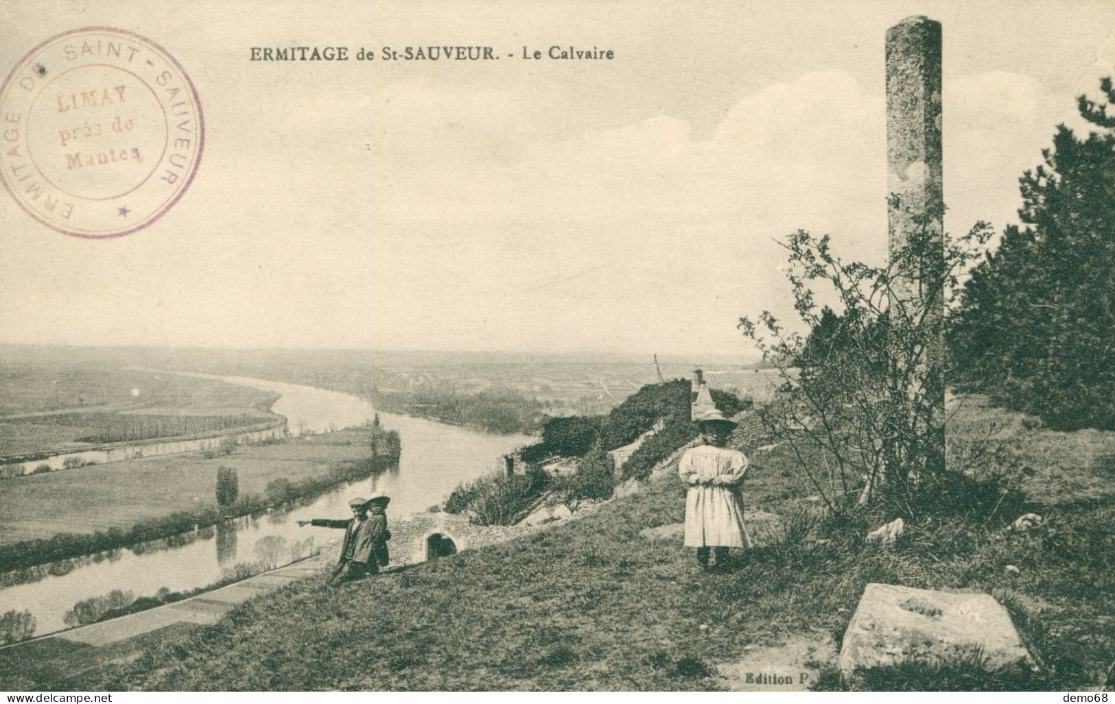 Limay Près De Mantes CPA 78 Yvelines Ermitage De St Sauveur Le Calvaire Carte Animée Couple Enfant Fleuve Seine - Limay