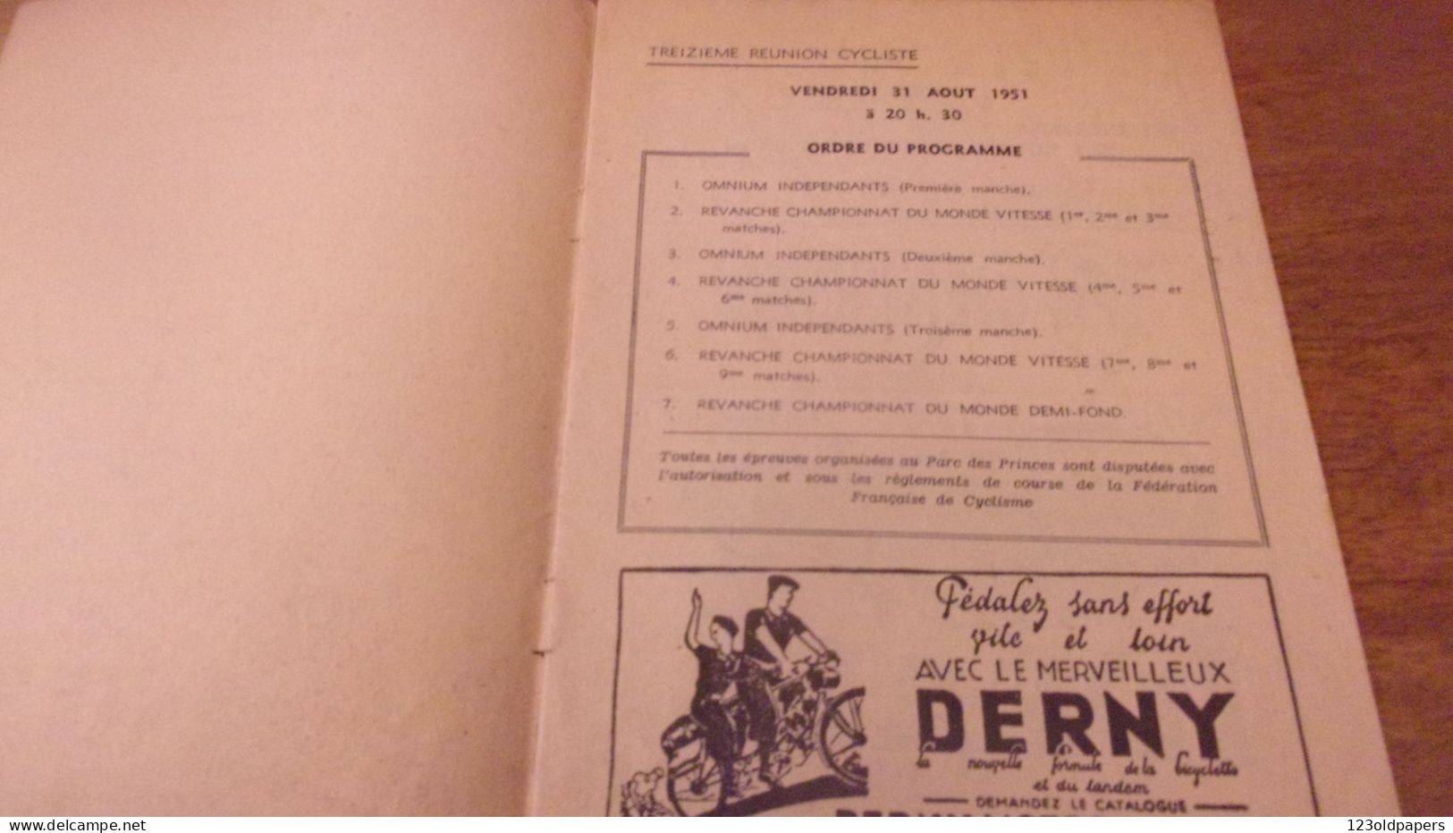 CYCLE VELO PROGRAMME VELODROME DU PARC DES PRINCES  SAISON 1951 - Programma's