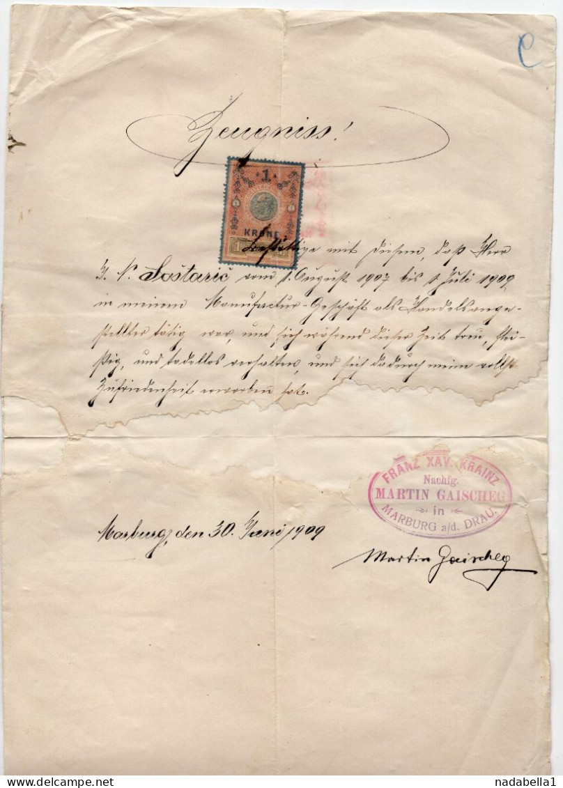 1909. AUSTRIA,SLOVENIA,MARBURG,MARIBOR,1 KRONA REVENUE STAMP,LETTER - Revenue Stamps