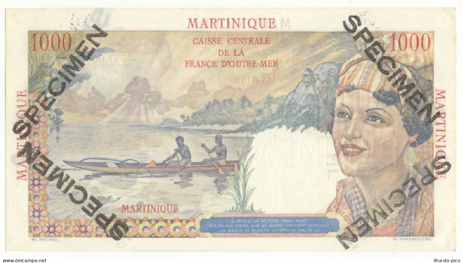 Martinique 1000 Francs ND(1947-49) SPECIMEN –  Rare P-33s - Sonstige – Amerika