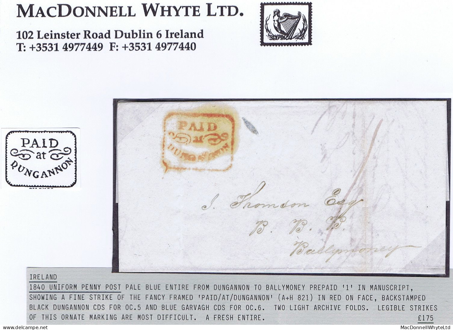 Ireland Uniform Penny Post Tyrone 1840 Fancy Framed PAID/*at*/DUNGANNON Unusually Clear On Letter To Ballymoney - Prefilatelia