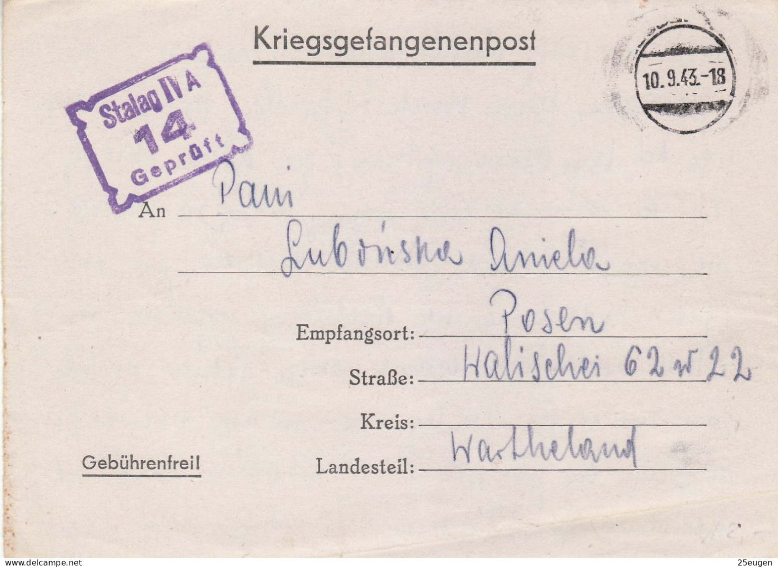 PRISONERS OF WAR MAIL 1943 LETTER SENT FROM STALAG IV A  HOHNSTEIN TO POZNAŃ - Prisoner Camps