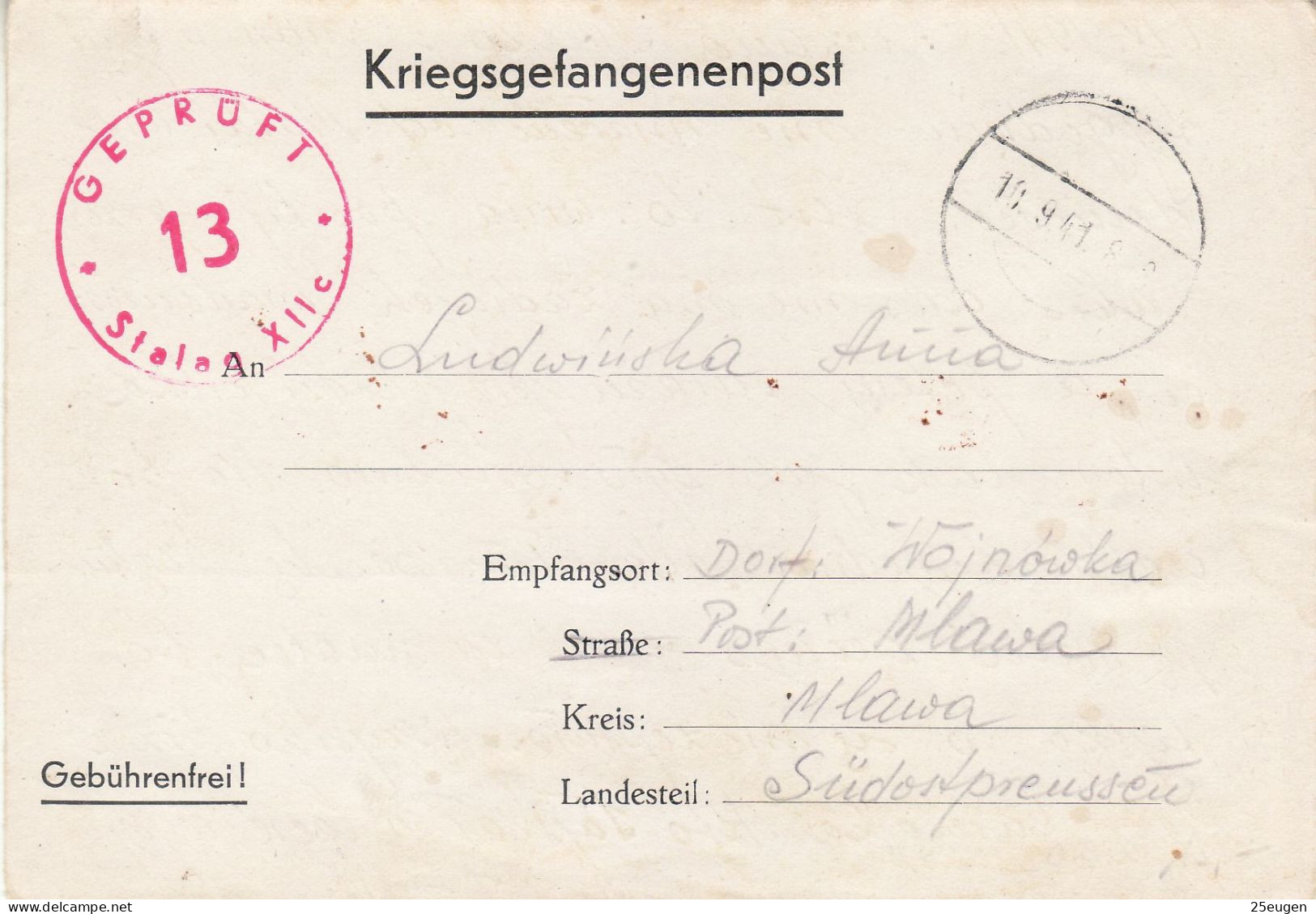 PRISONERS OF WAR MAIL 1941 LETTER SENT FROM STALAG XII C  TO MŁAWA - Prisoner Camps