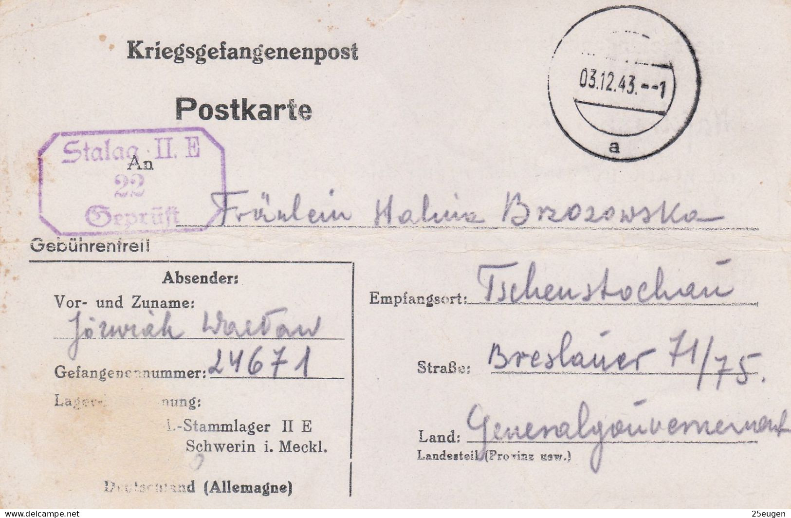 PRISONERS OF WAR MAIL 1943 POSTCARD SENT FROM STALAG II E  TO CZĘSTOCHOWA - Camps De Prisonniers