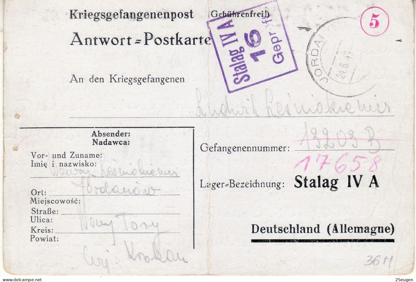 PRISONERS OF WAR MAIL 1940 POSTCARD SENT FROM NOWY TARG TO STALAG IV A - Prisoner Camps