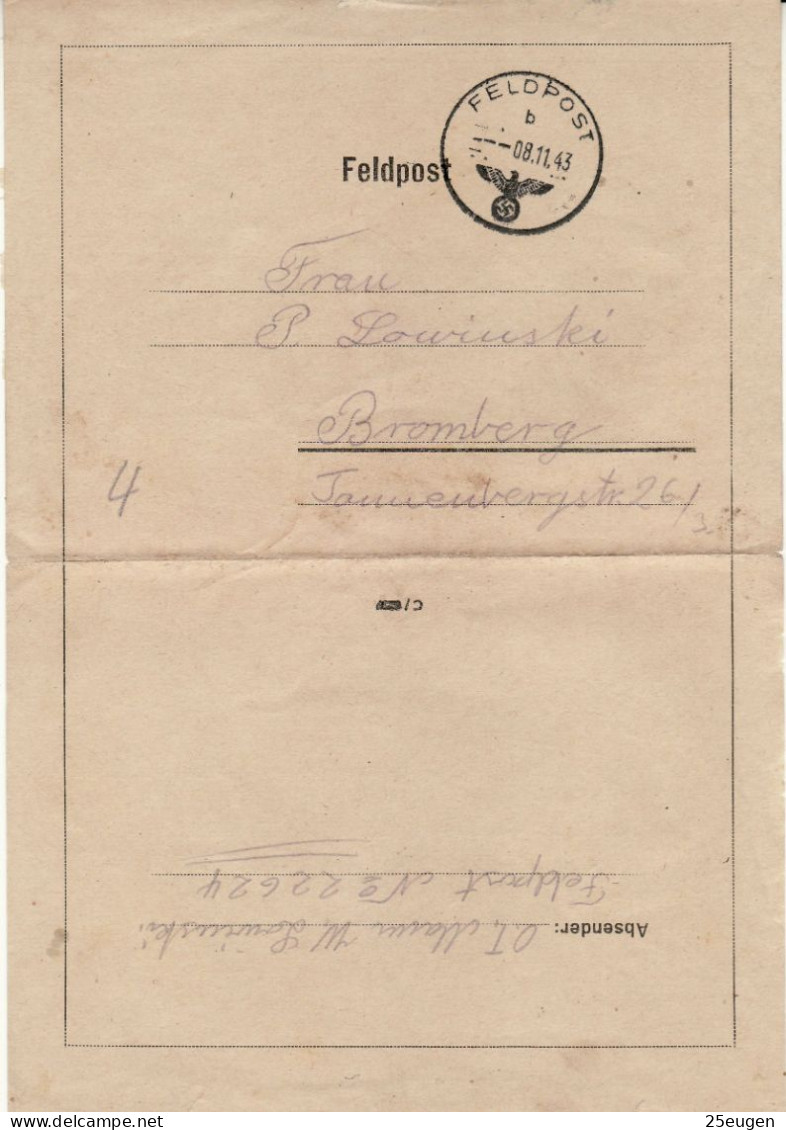 GERMAN OCCUPATION 1943 FELDPOST  LETTER  SENT TO BYDGOSZCZ - Other & Unclassified