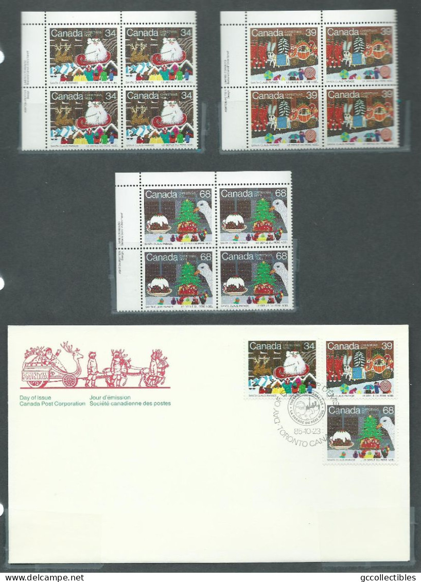 Canada # 1067-1068-1069 UL. PB. MNH + FDC - Christmas 1985 - Santa Claus Parade - Blocks & Sheetlets