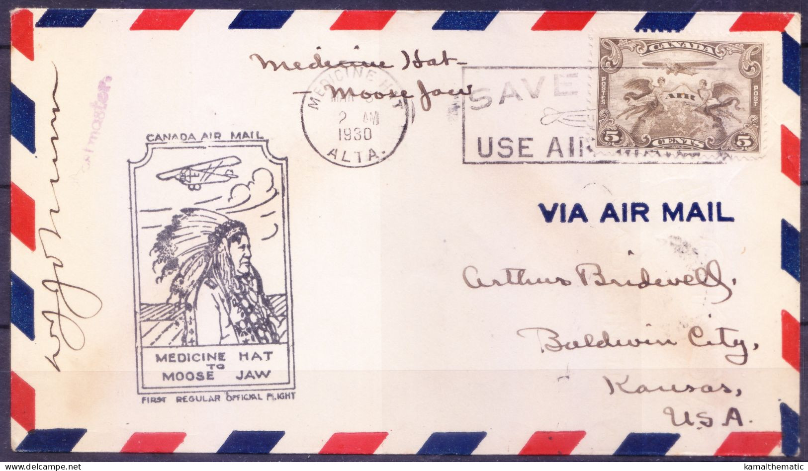 Canada 1930 First Flight Cover From City Medicine Hat To Moose Jaw, Postal History - Erst- U. Sonderflugbriefe