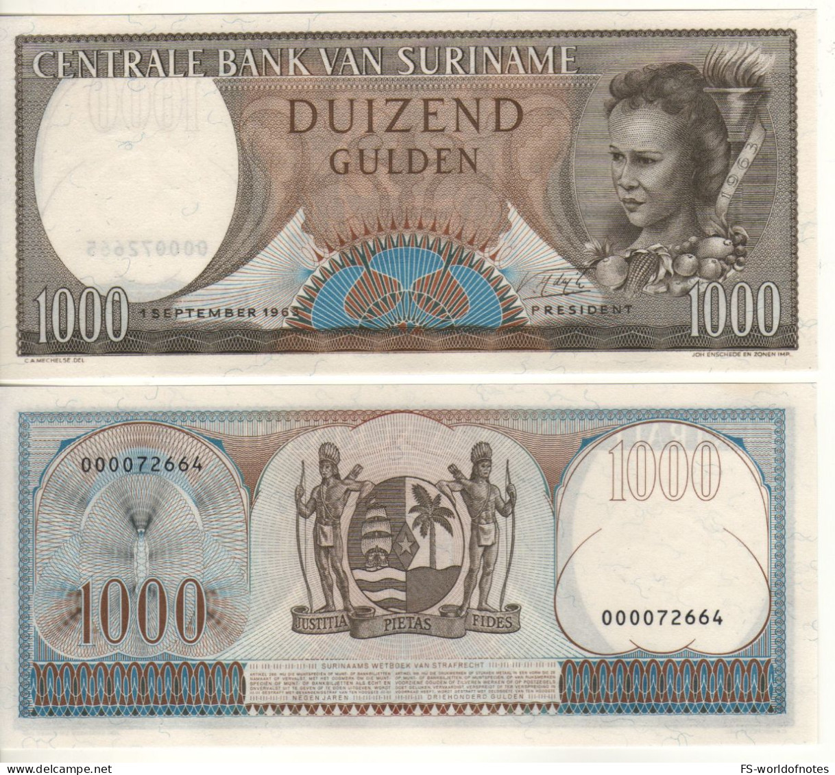 SURINAME   1,000  Gulden  P124    1963 ( Woman At Front  -  Arms At Back )   UNC - Suriname