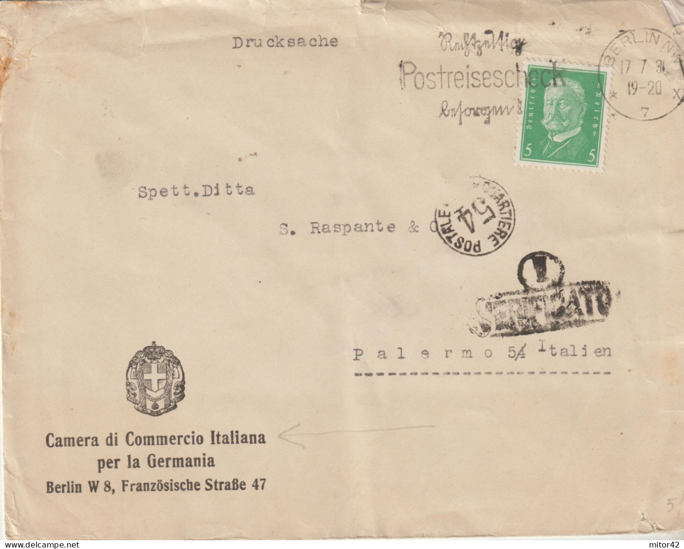 74-Tematica Saluti Da "Italia Nel Mondo"-Germania-Busta Intestata "Camera Di Commercio Italiana"-1930-Censura- N°54 Q:P: - Souvenir De...