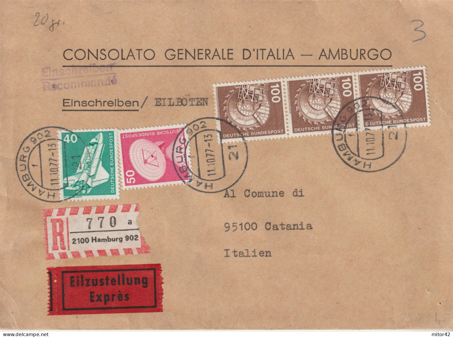 76-Tematica Saluti Da "Italia Nel Mondo"-Germania-Busta Intestata "Consolato Generale D' Italia"-Amburgo-1977 X Catania - Souvenir De...