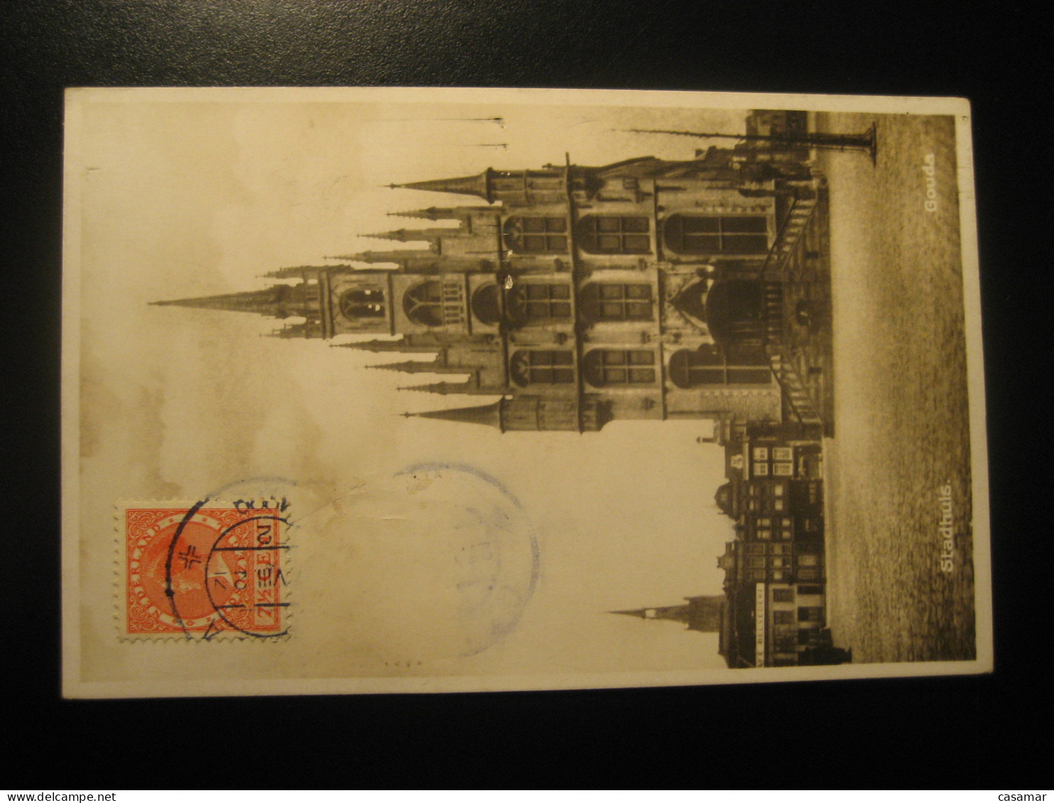 GOUDA Stadhuis 1929 Cancel To Barcelona Spain NETHERLANDS Postcard - Gouda