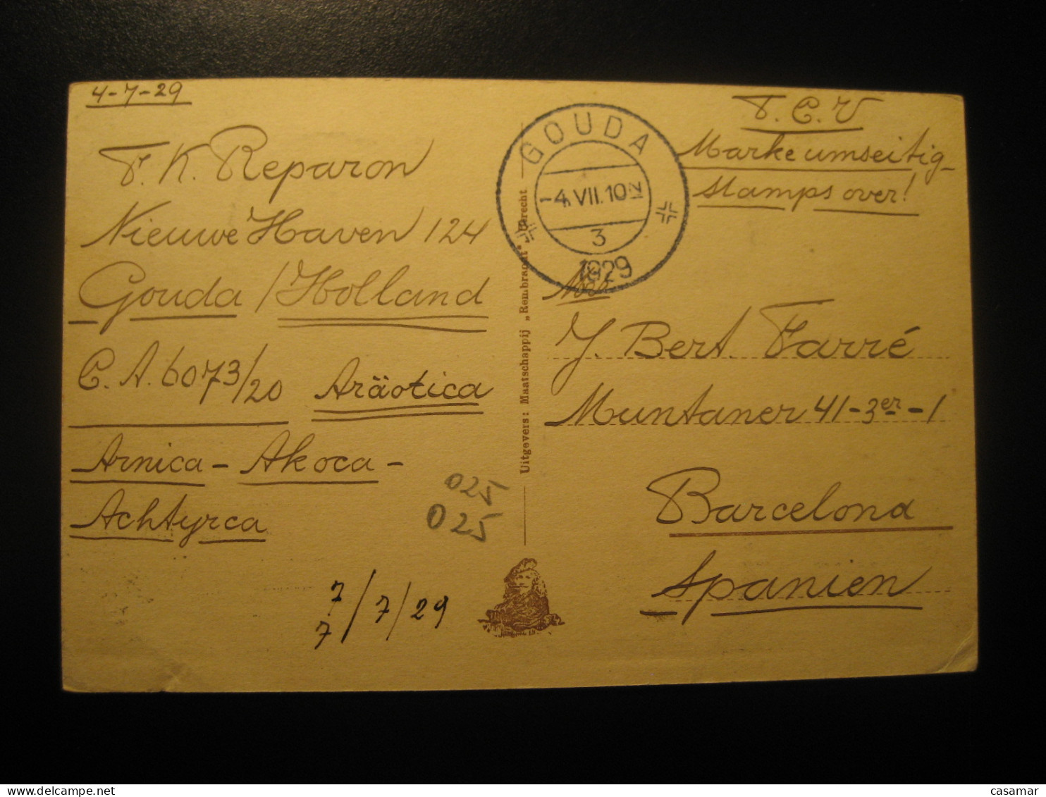 GOUDA Gouwe Met Vischbanken Fish Banks 1929 Cancel To Barcelona Spain NETHERLANDS Postcard - Gouda