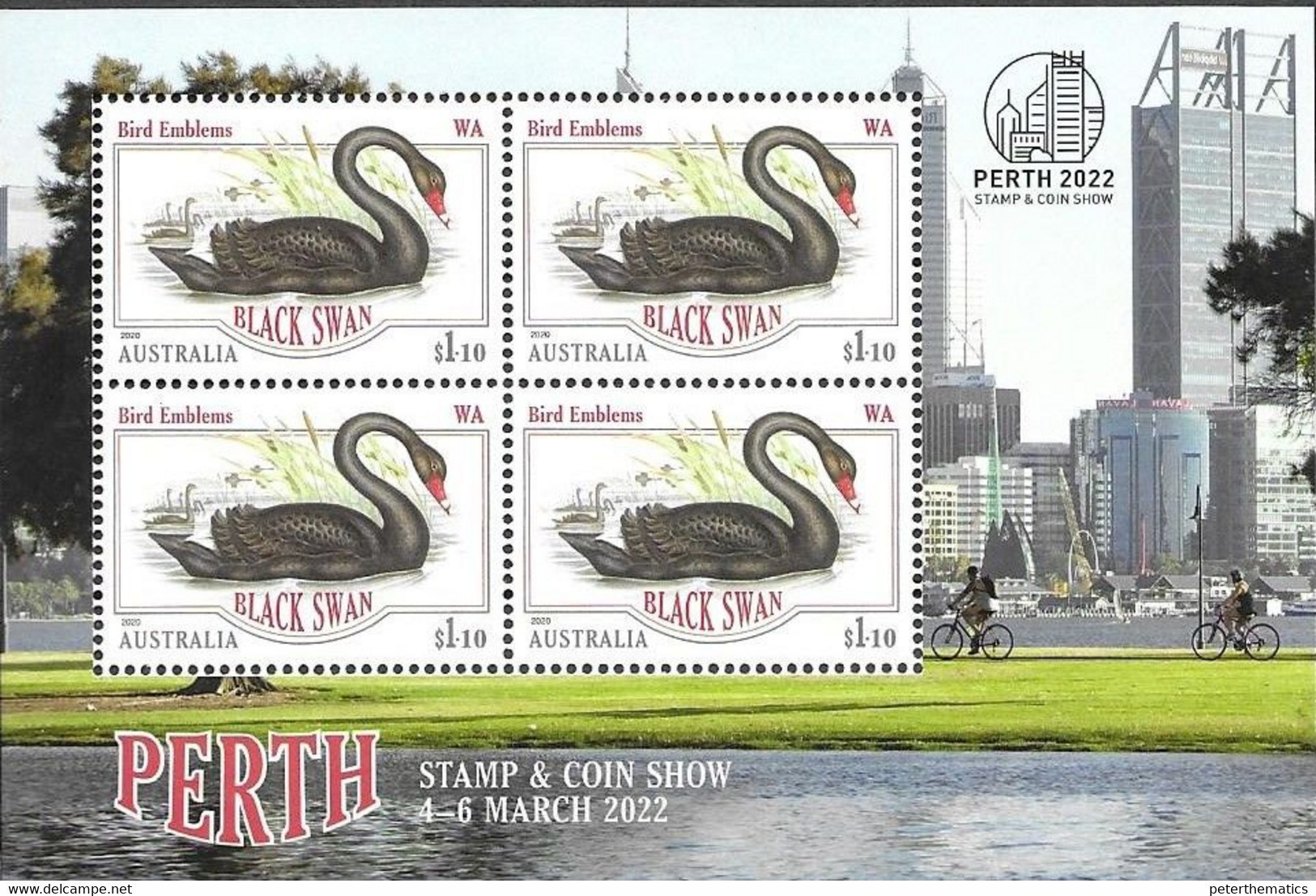 AUSTRALIA, 2022, MNH, PERTH STAMP AND COIN SHOW, BIRDS, SWANS, CYCLING, BIKES,  SHEETLET - Cygnes
