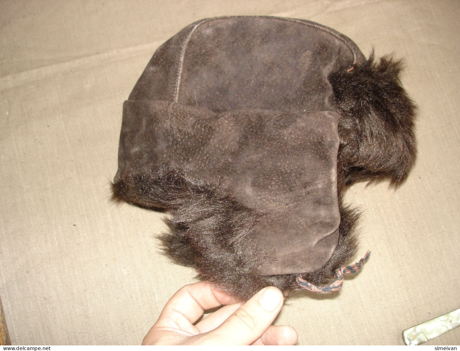 Vintage Hat With Ear Flaps Dark Brown Artificial Leather  #0286