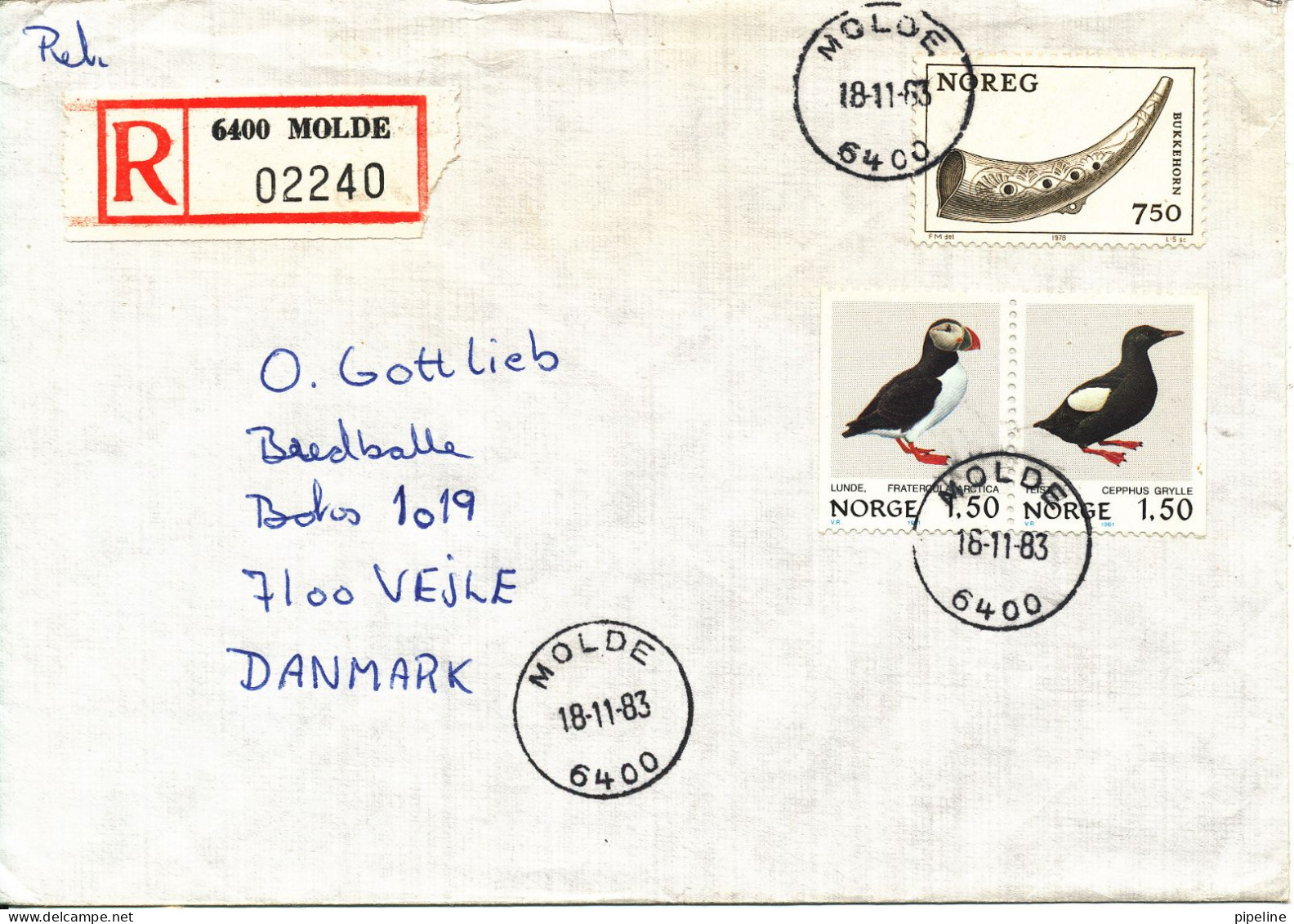 Norway Registered Cover Sent To Denmark Molde 18-11-1983 - Covers & Documents