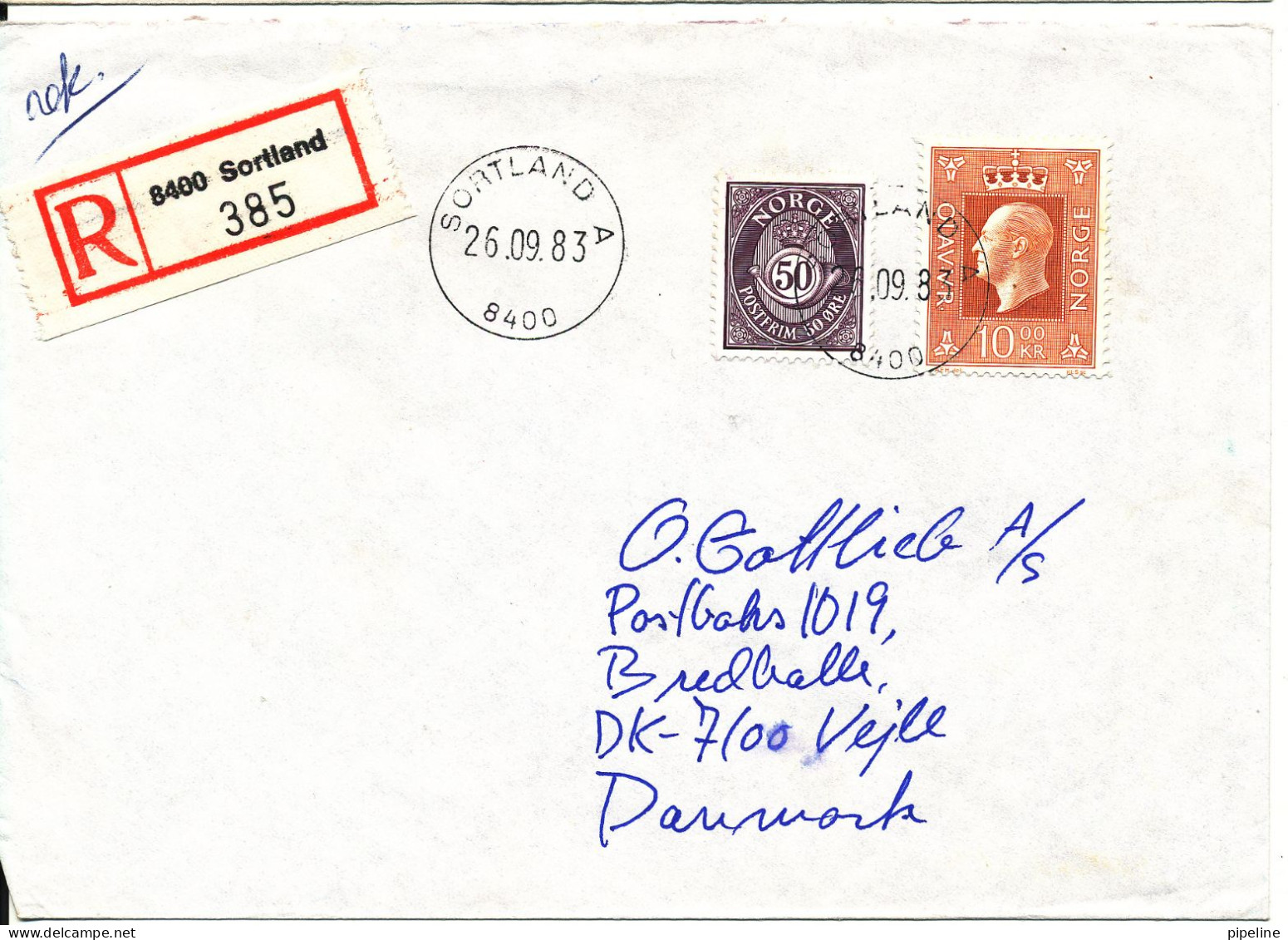 Norway Registered Cover Sent To Denmark Sortland 26-9-1983 - Covers & Documents