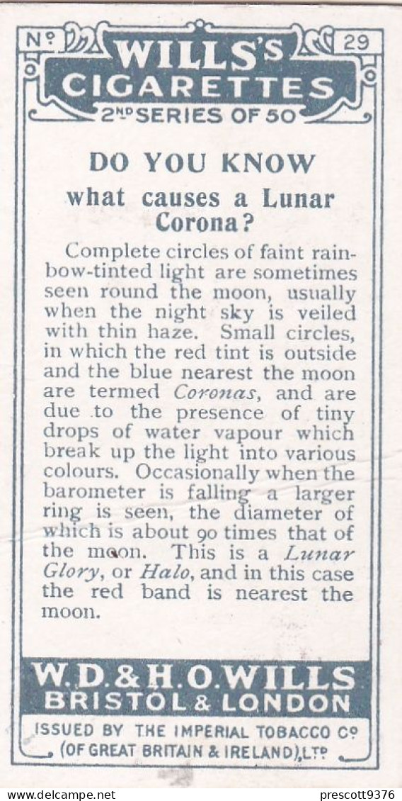 29 What Causes A Lunar Corona? - Do You Know 1927 - Wills Cigarette Card - Original - Wills