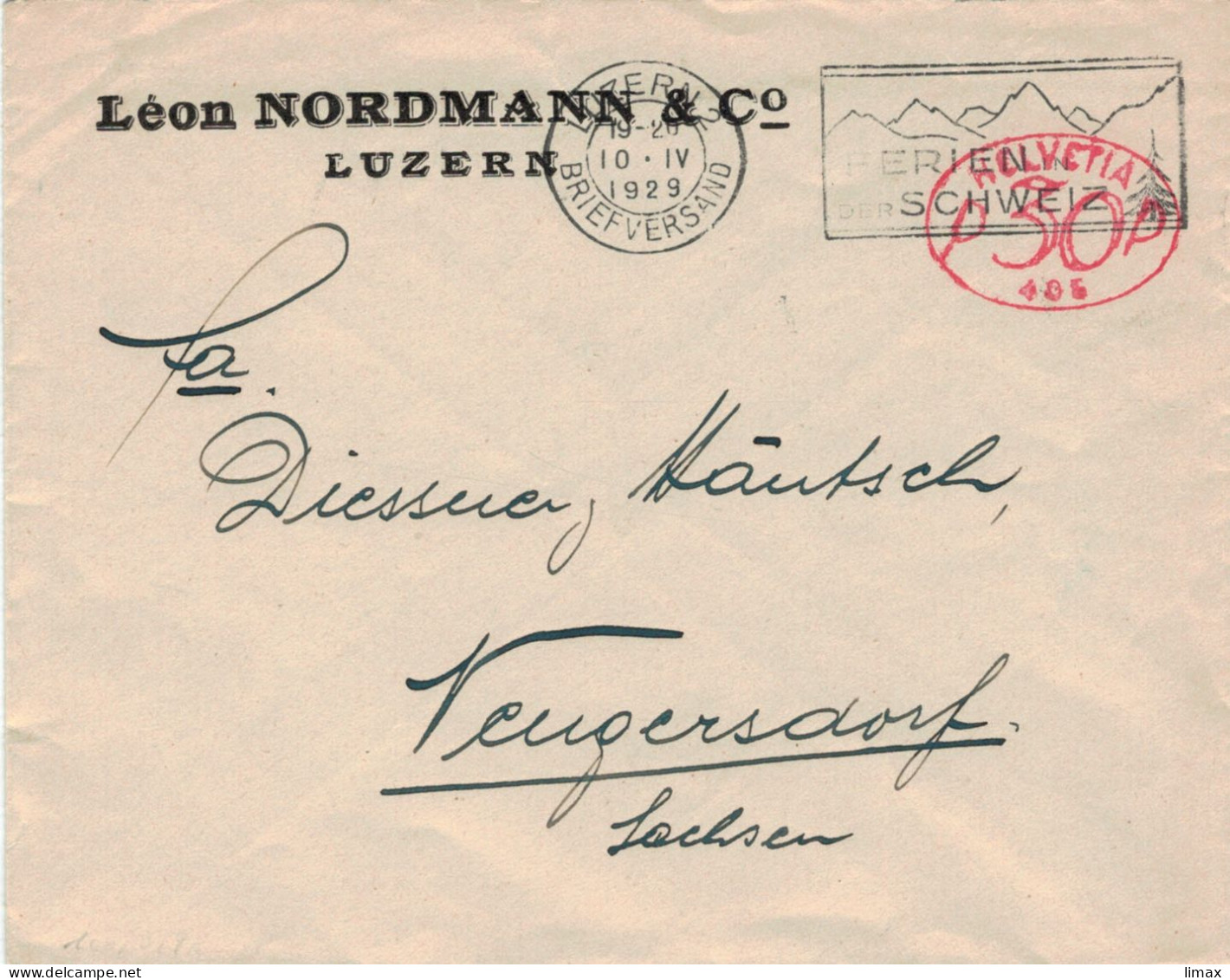 Leon Nordmann & Co Luzern Warenhaus Der Brüder Ernest Maus & Henri Maus 1929 Hasler Stempel - Ferien In Der Schweiz - Frankiermaschinen (FraMA)