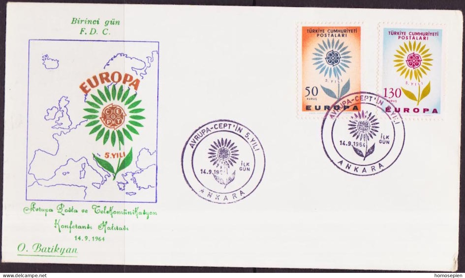 Europa CEPT 1964 Turquie - Türkei - Turkey FDC5 Y&T N°1697 à 1698 - Michel N°1917 à 1918 - 1964