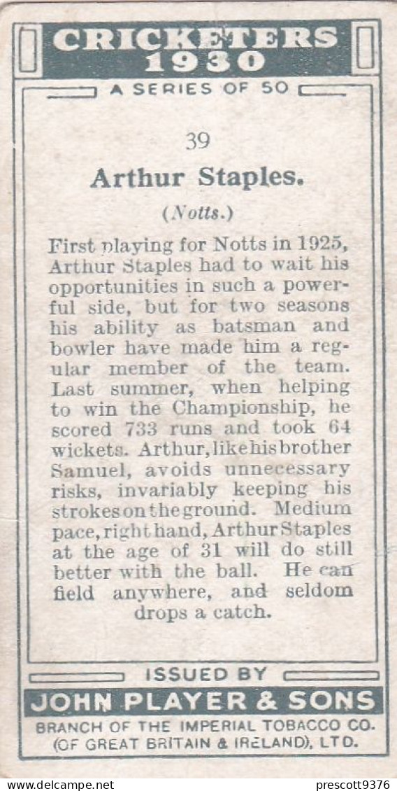 39 Arthur Staple Nottinghamshire - Cricketers 1930 - Players Cigarette Card - Original  Card - Player's