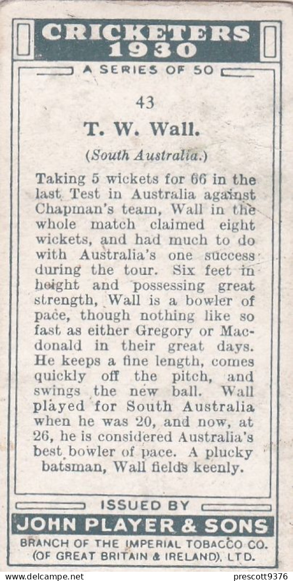 43 TW Wall, South Australia - Cricketers 1930 - Players Cigarette Card - Original  Card - Player's