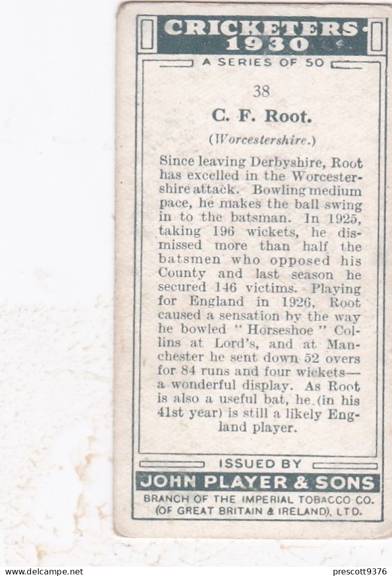 38 CF Root, Worcestershire - Cricketers 1930 - Players Cigarette Card - Original  Card - Player's