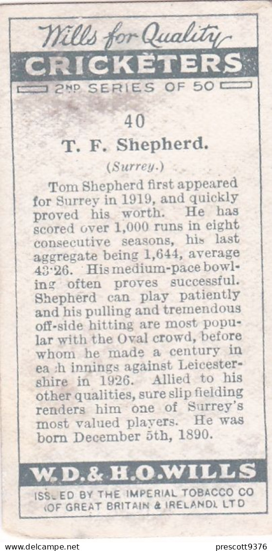 40 Tom Shepherd, Surrey - Cricketers 1930 - Players Cigarette Card - Original  Card - Player's