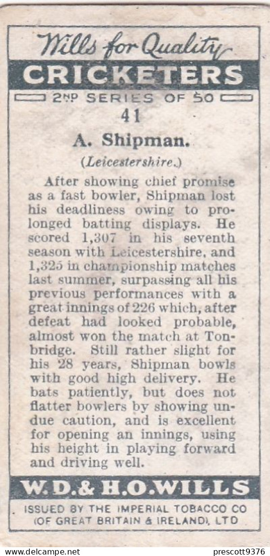 41 A Shipman, Leicestershire - Cricketers 1930 - Players Cigarette Card - Original  Card - Player's