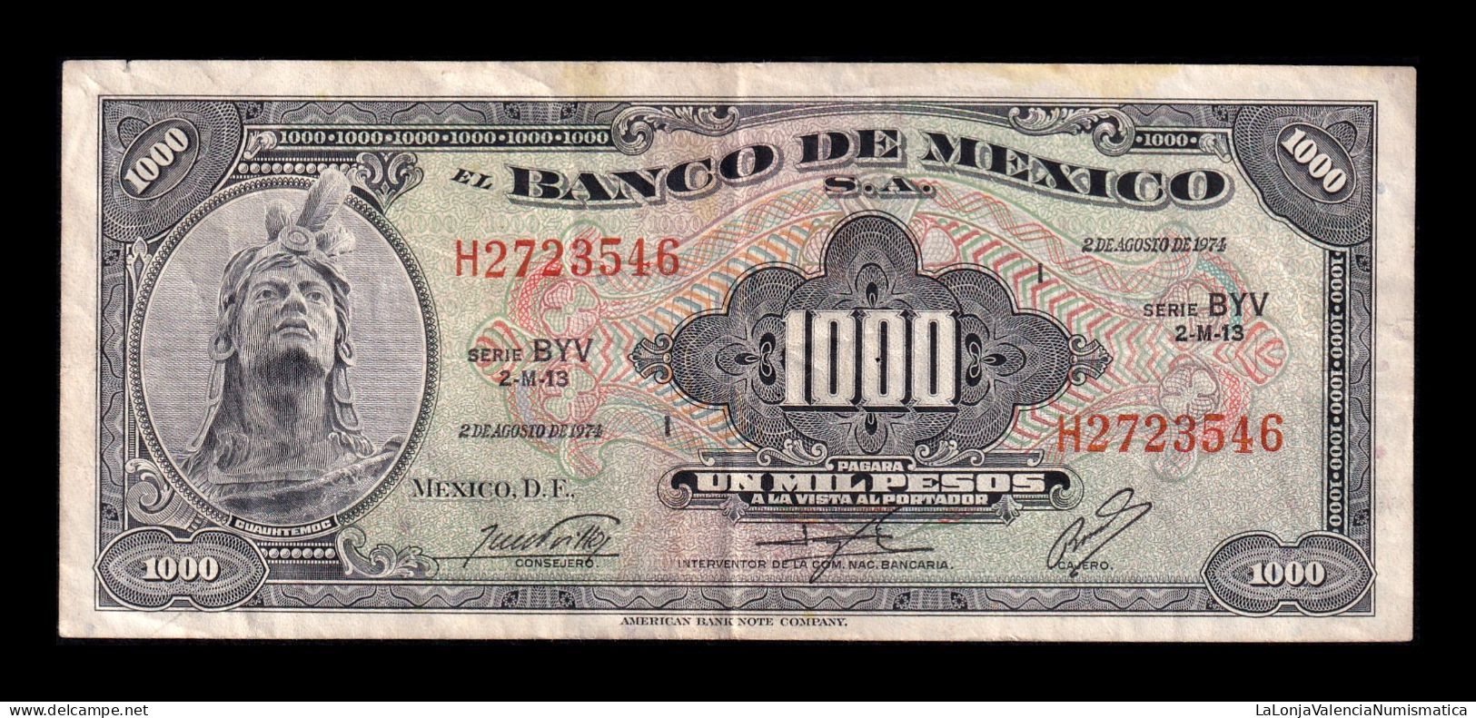 México 1000 Pesos 1974 Pick 52s Serie BYV Mbc Vf - Mexique