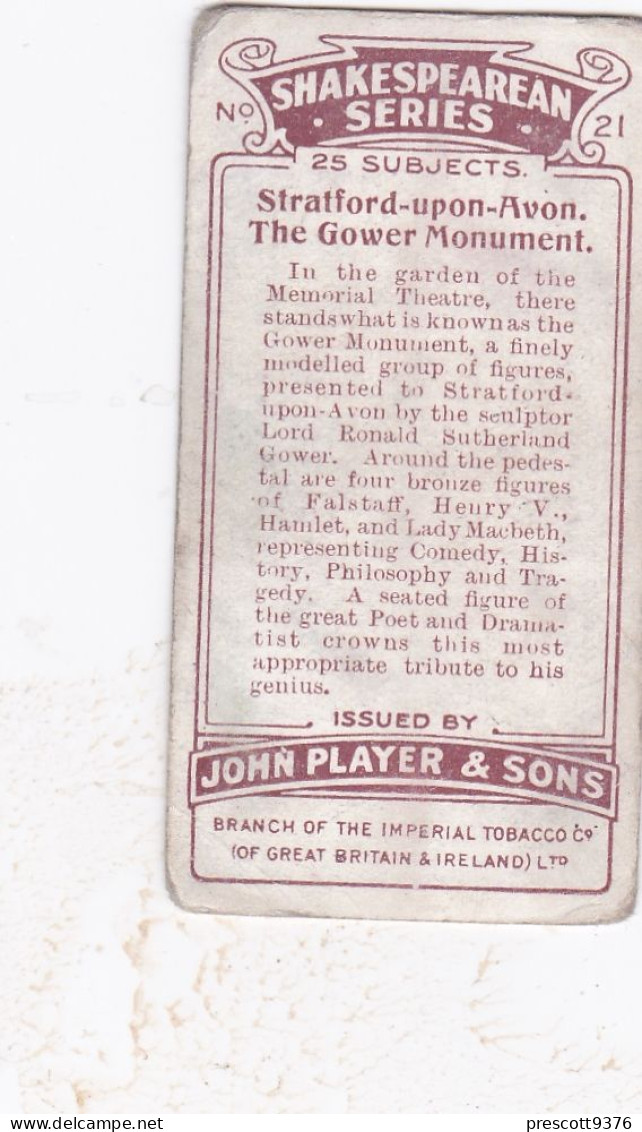 21 Gower Monument, Stratford On Avon - Shakespearean Series 1916 - Players Cigarette Card - Original  Card - Player's