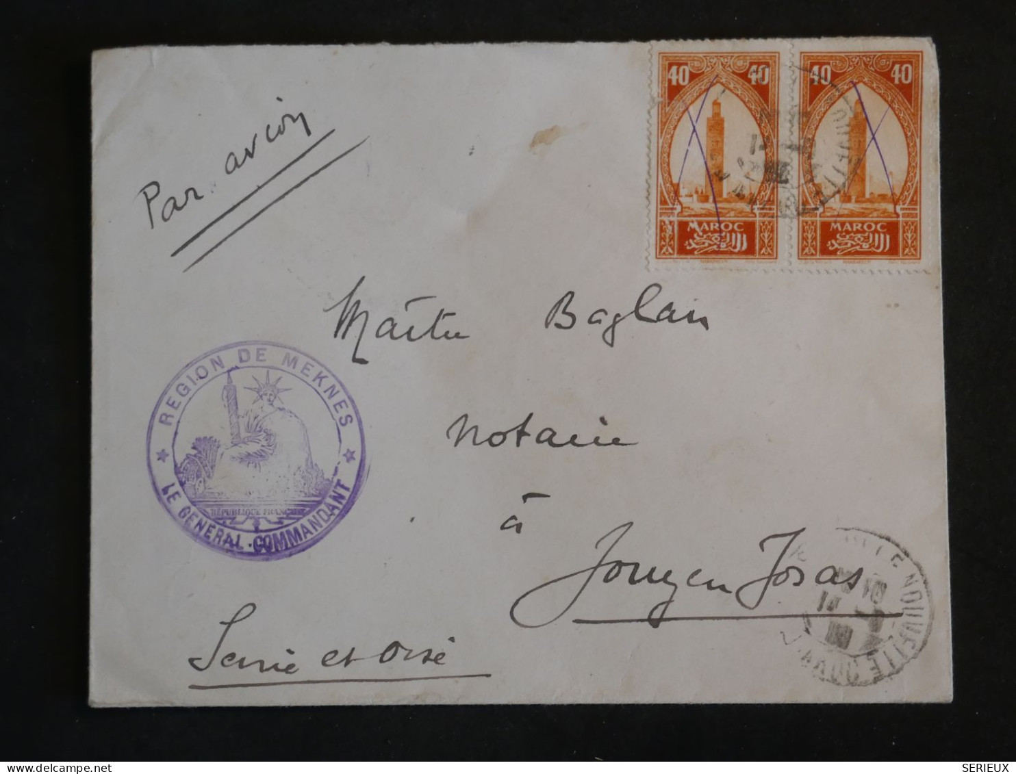 BY2 MAROC  BELLE LETTRE FM  1928 MEKNES A JOUY FRANCE +PAIRE DE TP+AFF. PLAISANT+++ - Lettres & Documents